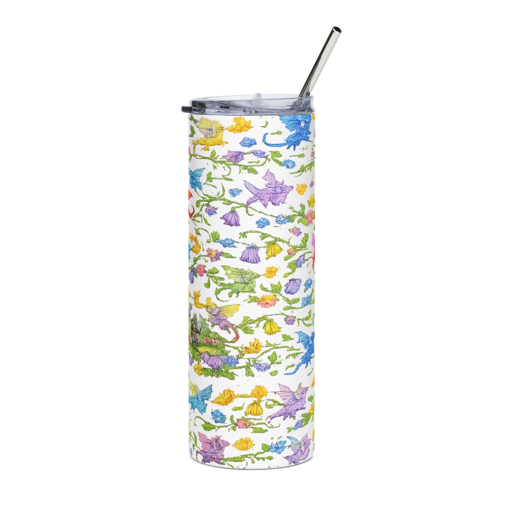 Floral Dragon 20oz Stainless Steel Tumbler — Fantasy Dragon Travel Cup with Vines, Flowers & Hidden Details - Mutantur Labs LLC