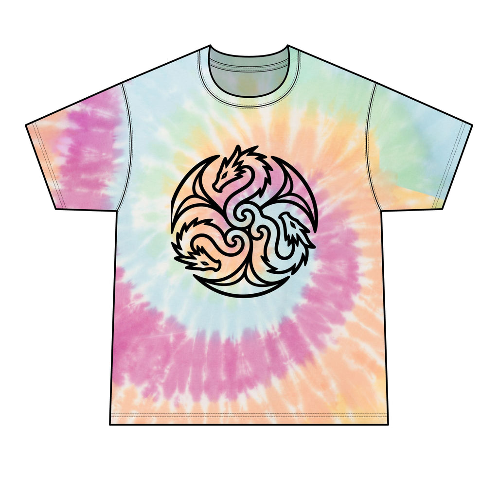 A short-sleeve crewneck t-shirt featuring a pastel tie-dye spiral pattern in pink, orange, yellow, and light blue, with a black and white triple-headed dragon graphic printed on the center chest.