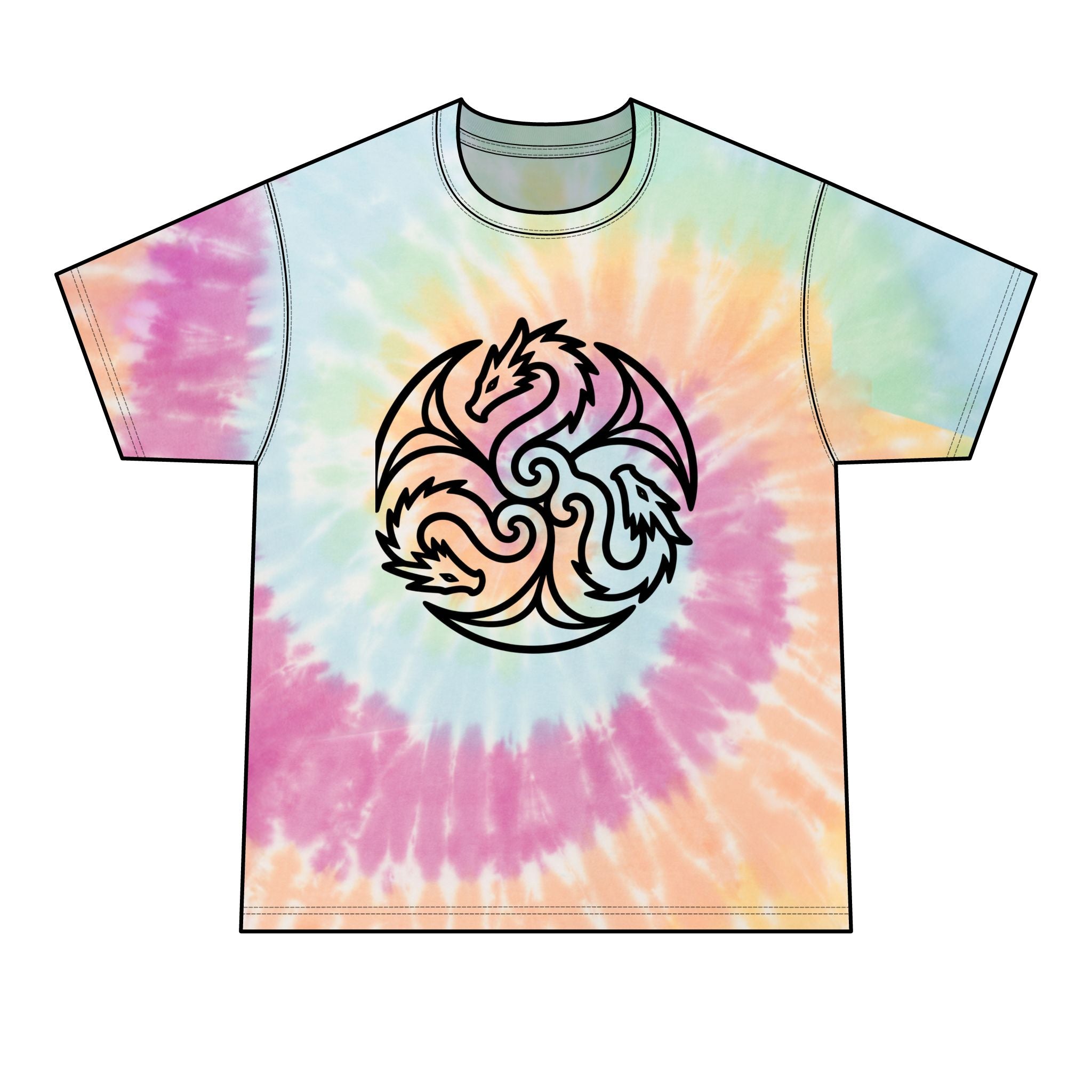 A short-sleeve crewneck t-shirt featuring a pastel tie-dye spiral pattern in pink, orange, yellow, and light blue, with a black and white triple-headed dragon graphic printed on the center chest.