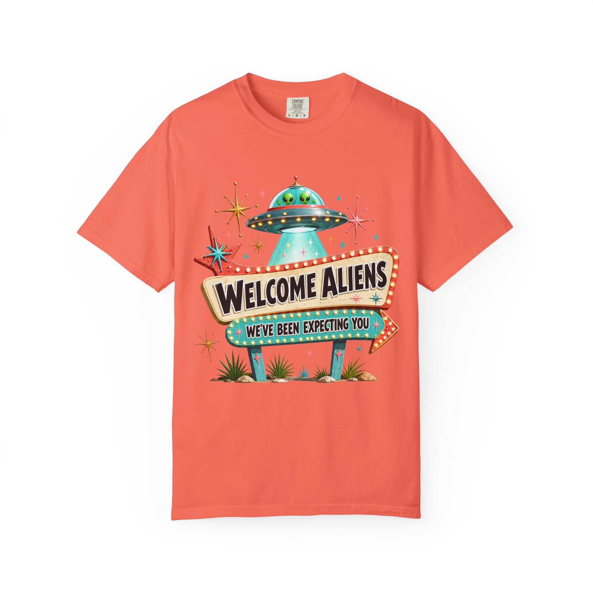 Welcome Aliens retro UFO Las Vegas sign Comfort Colors graphic tee, close-up of design