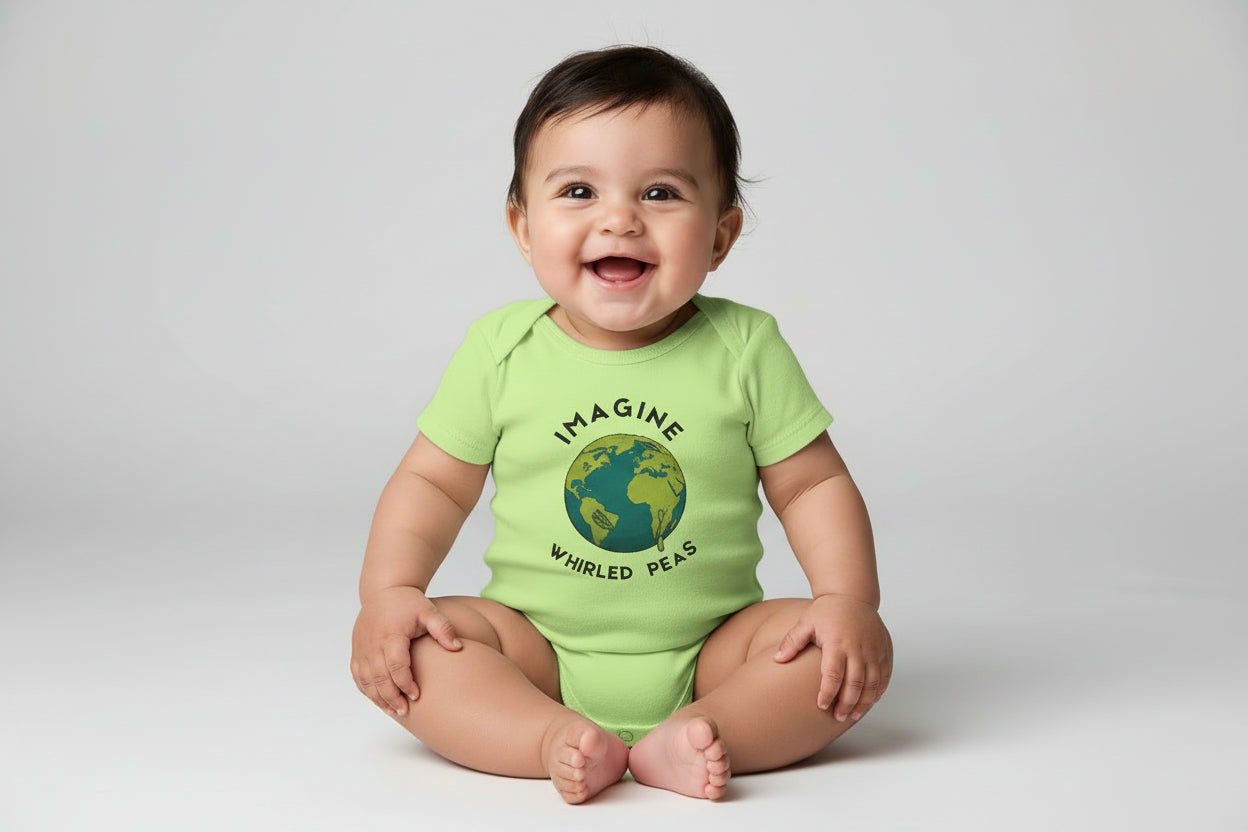 Imagine Whirled Peas Baby Onesie | Whimsical Pun Bodysuit for Babies - Mutantur Labs LLC