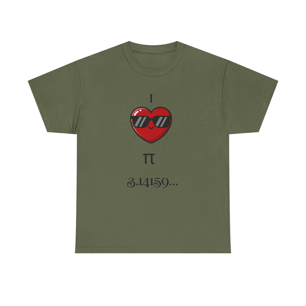 I Love Pi 3.14159 math lover graphic tee in olive green, front view