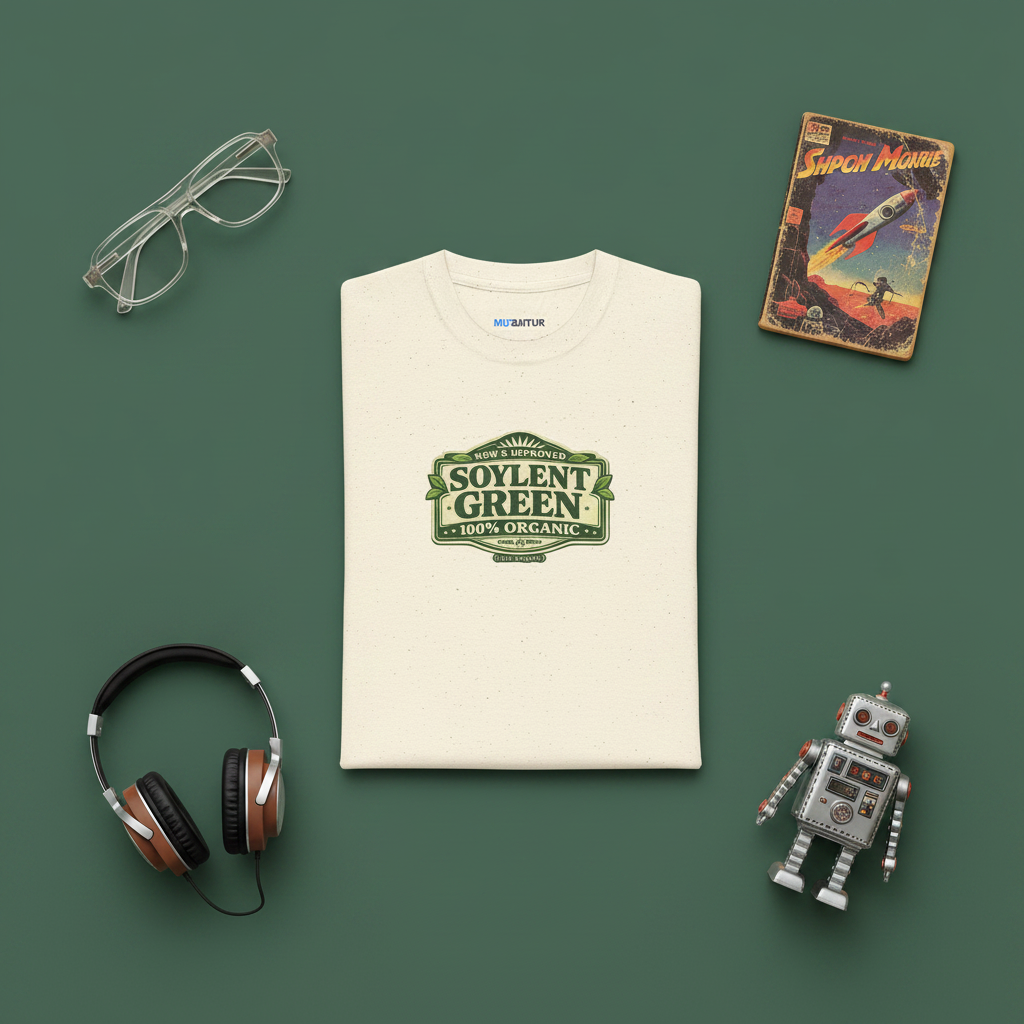 Soylent Green 100% Organic Mystery Ration sci-fi parody tee, detail shot