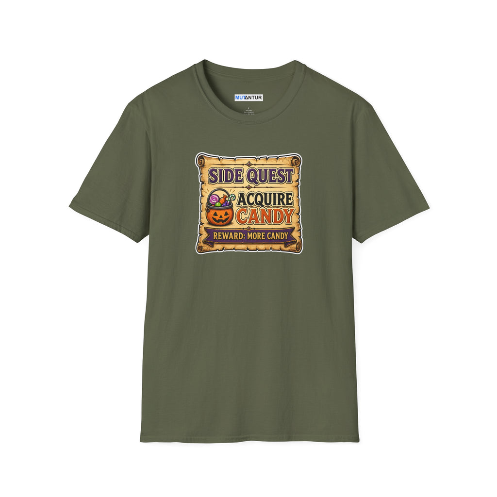 A green  short-sleeve crewneck t-shirt featuring a colorful graphic on the chest that reads 'SIDE QUEST TO ACQUIRE CANDY REWARD: MORE CANDY' with a jack-o'-lantern illustration.