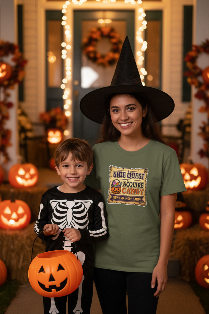 A green  short-sleeve crewneck t-shirt featuring a colorful graphic on the chest that reads 'SIDE QUEST TO ACQUIRE CANDY REWARD: MORE CANDY' with a jack-o'-lantern illustration.