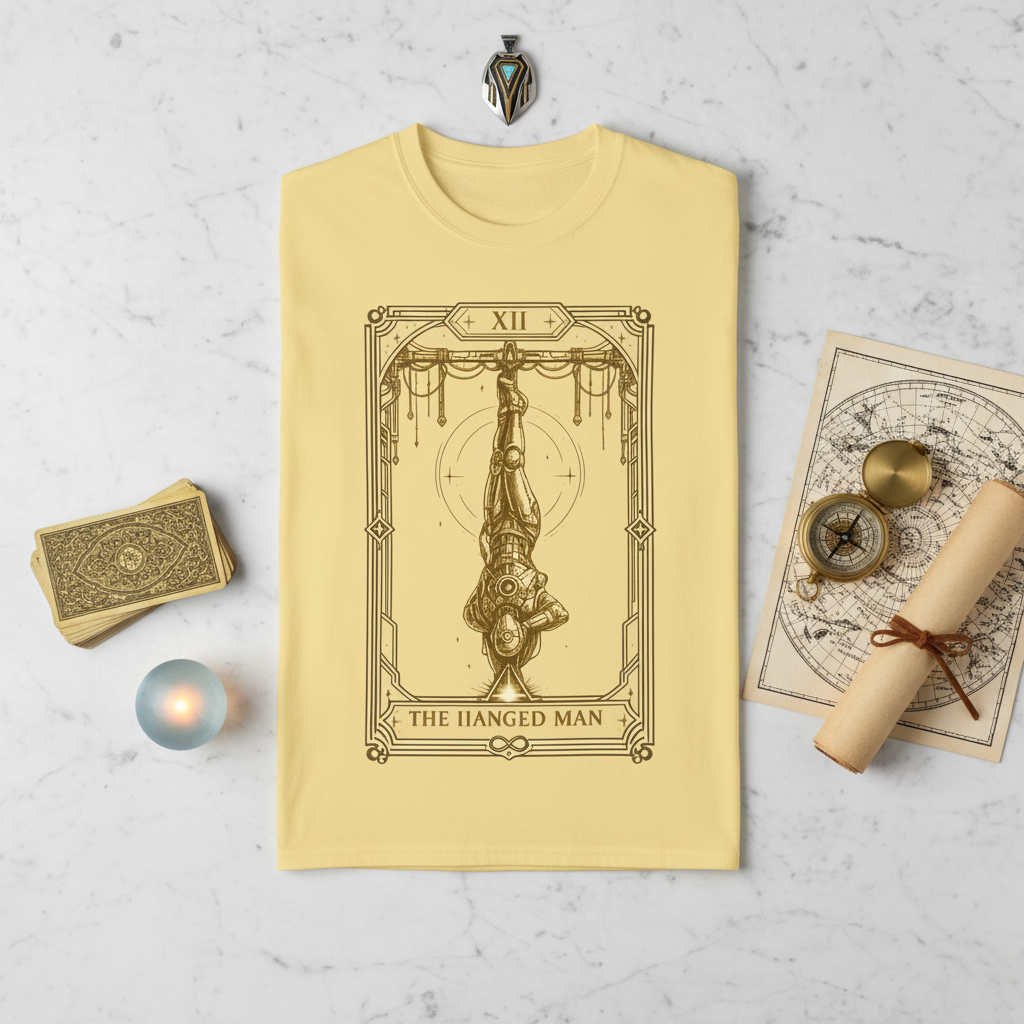 A pale yellow short-sleeve t-shirt with a dark brown tarot card graphic of 'The Hanged Man' on the front, displayed against a solid white background.