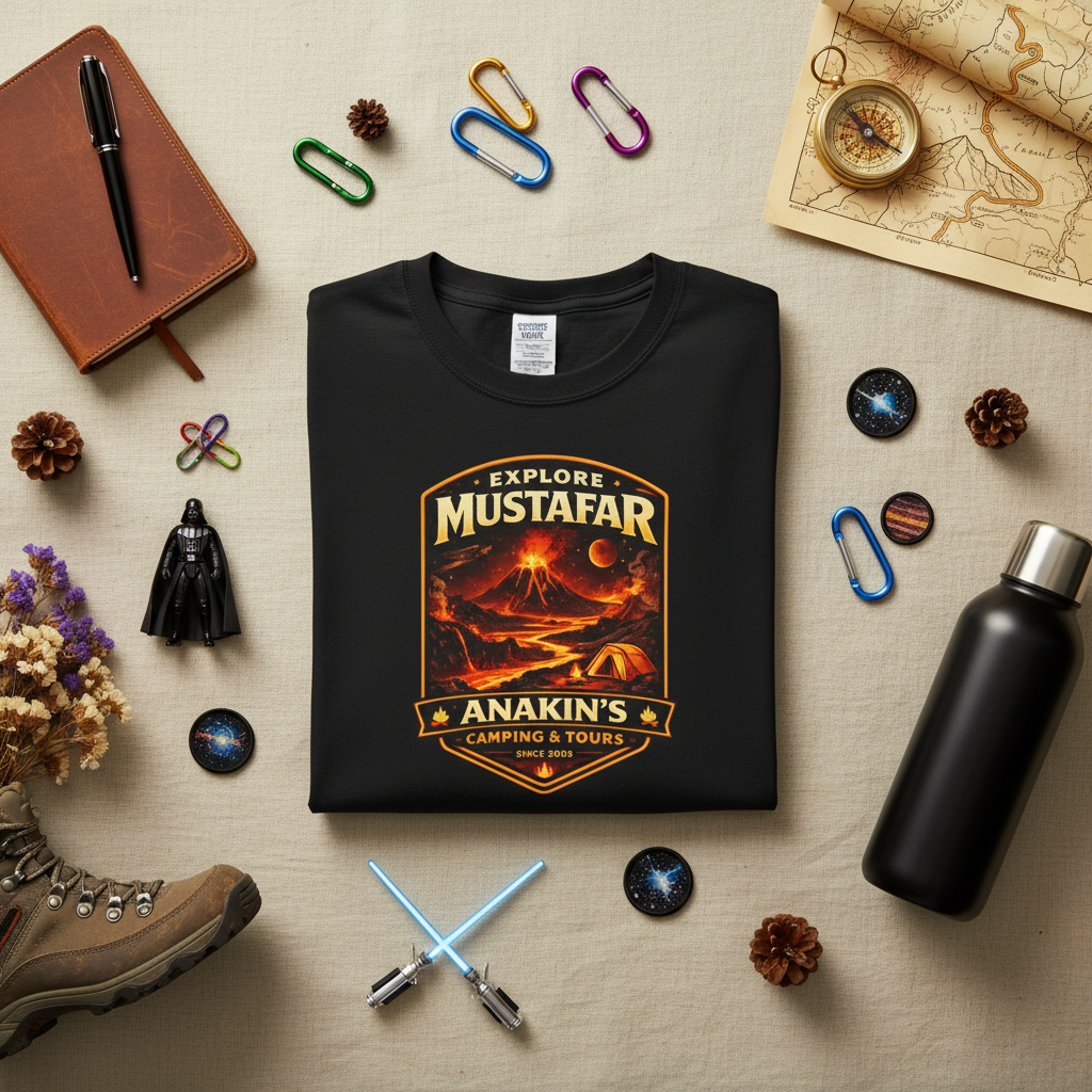 Mustafar Adventure Star Wars camping tours graphic tee, front view