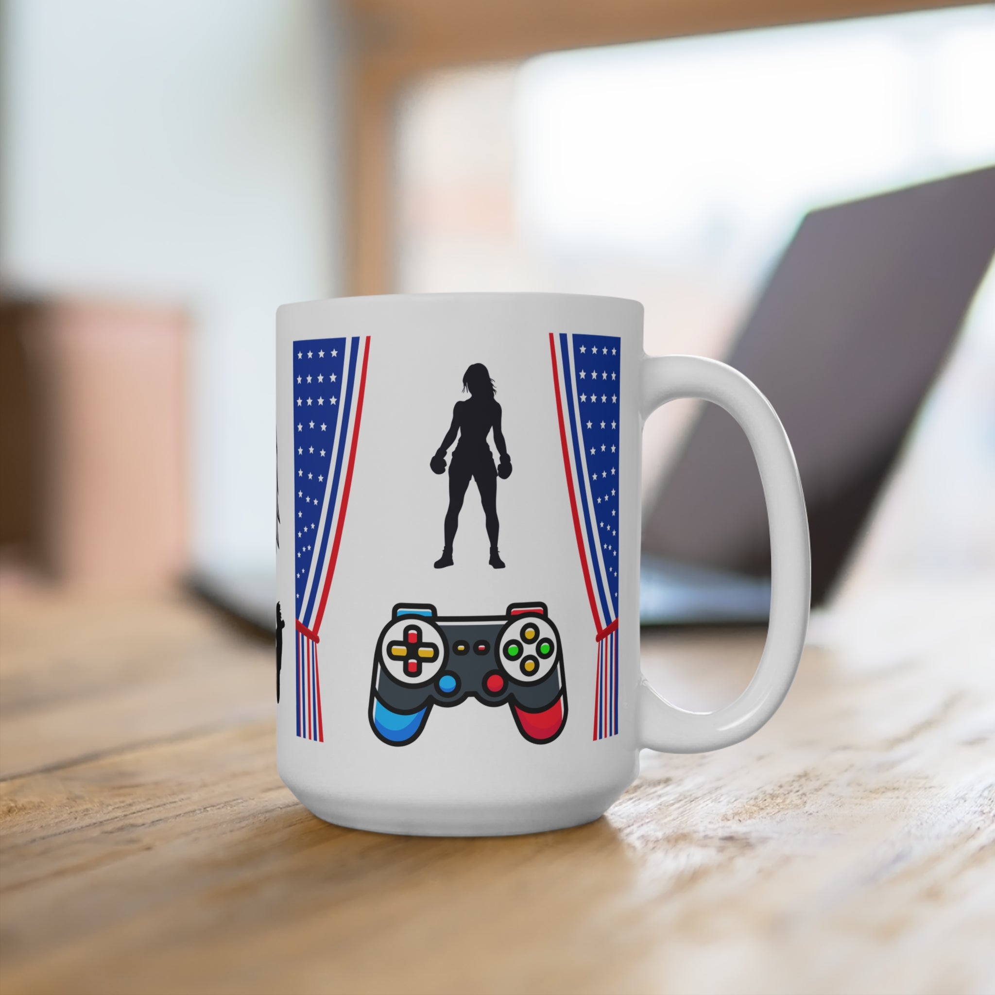 Eagle Mug with American Flag Sunglasses — Caffeinate, Fight Fascism, Play Games 15oz Coffee Cup - Mutantur Labs LLC