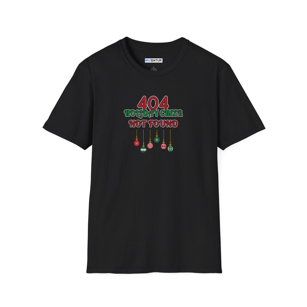 A black short-sleeve crewneck t-shirt with a graphic on the chest that reads '404 HOLIDAY CHEESE NOT FOUND' in red and green text with hanging ornaments below, shown on a plain white background.