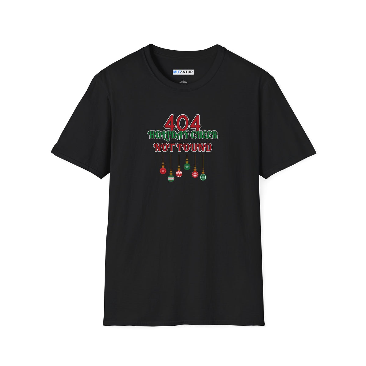 A black short-sleeve crewneck t-shirt with a graphic on the chest that reads '404 HOLIDAY CHEESE NOT FOUND' in red and green text with hanging ornaments below, shown on a plain white background.
