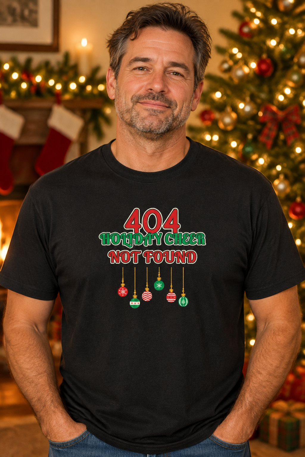 with the text '404 Birthday Cheer NOT FOUND' and hanging ornament graphics, posed in front of a warm, decorated Christmas tree and fireplace background.