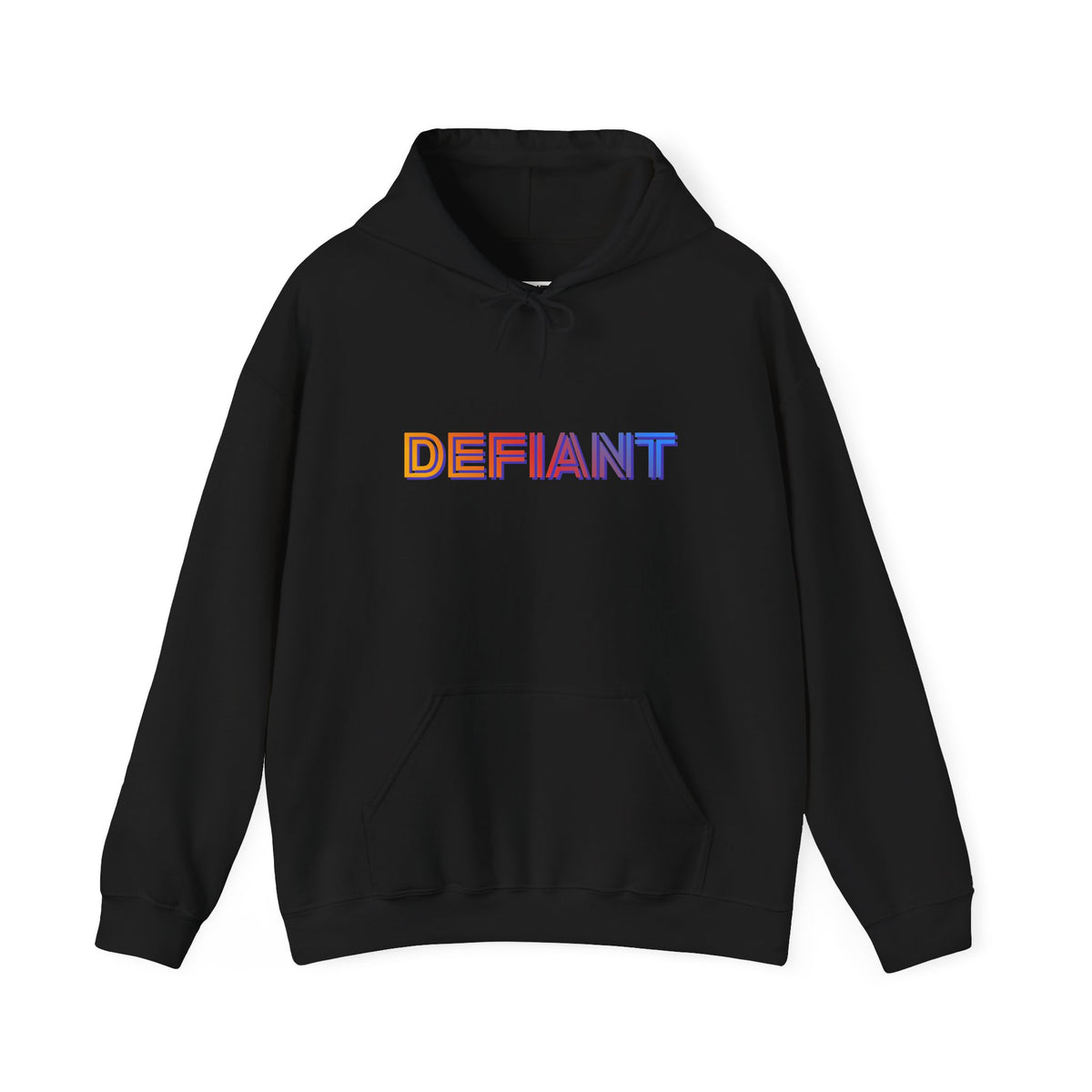 Defiant rainbow text logo graphic hoodie in black, front view