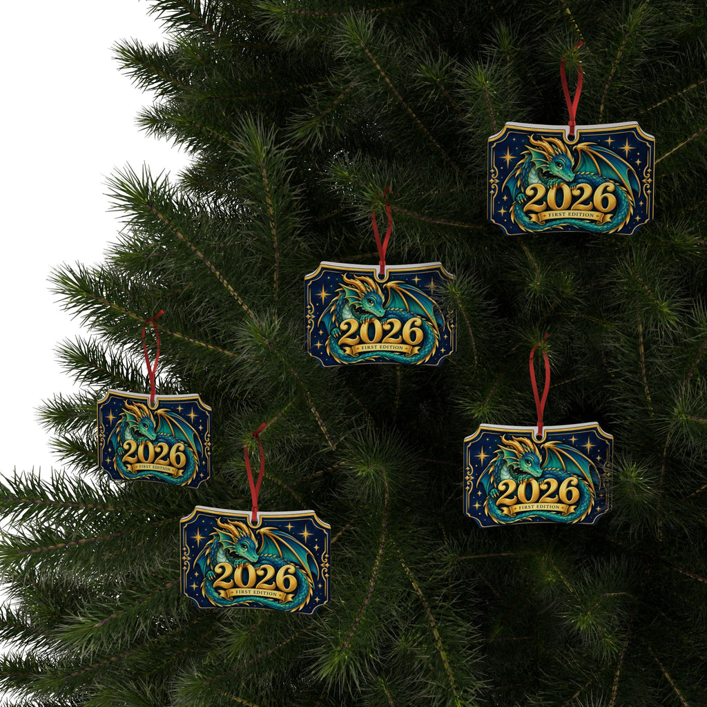 Four decorative Christmas tree ornaments shaped like book covers hang on a dark green Christmas tree. Each ornament features a blue dragon illustration, gold lettering reading '2026', and a red hanging string.