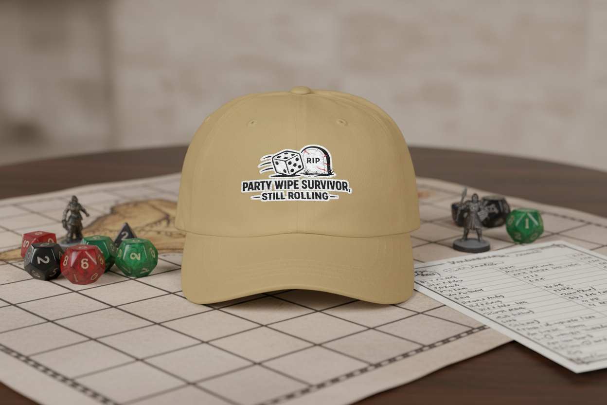 Adjustable baseball cap embroidered with 'Party Wipe Survivor — Still Rolling' and a d20 dice design.