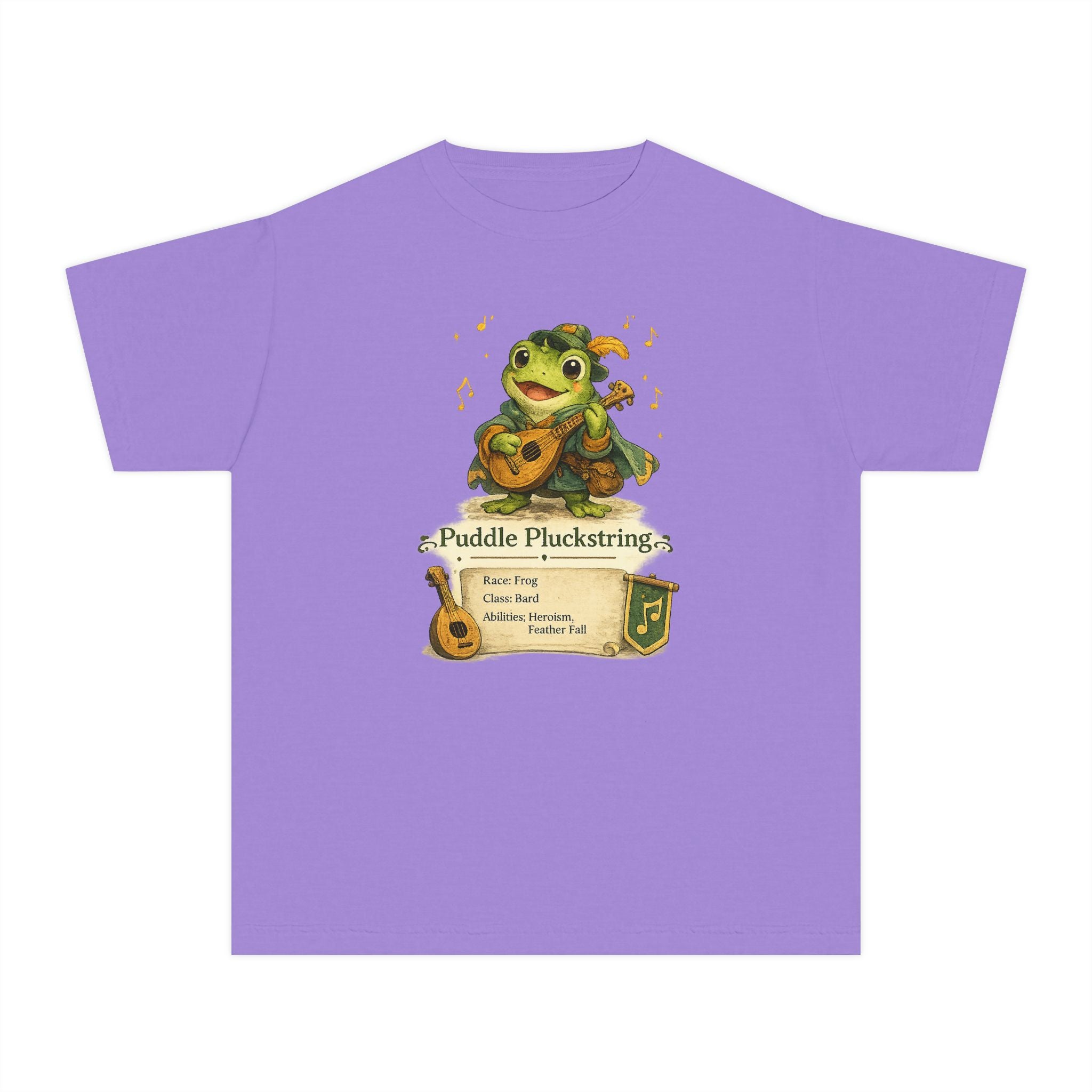 Puddle Pluckstring Frog Bard kids Character Tee