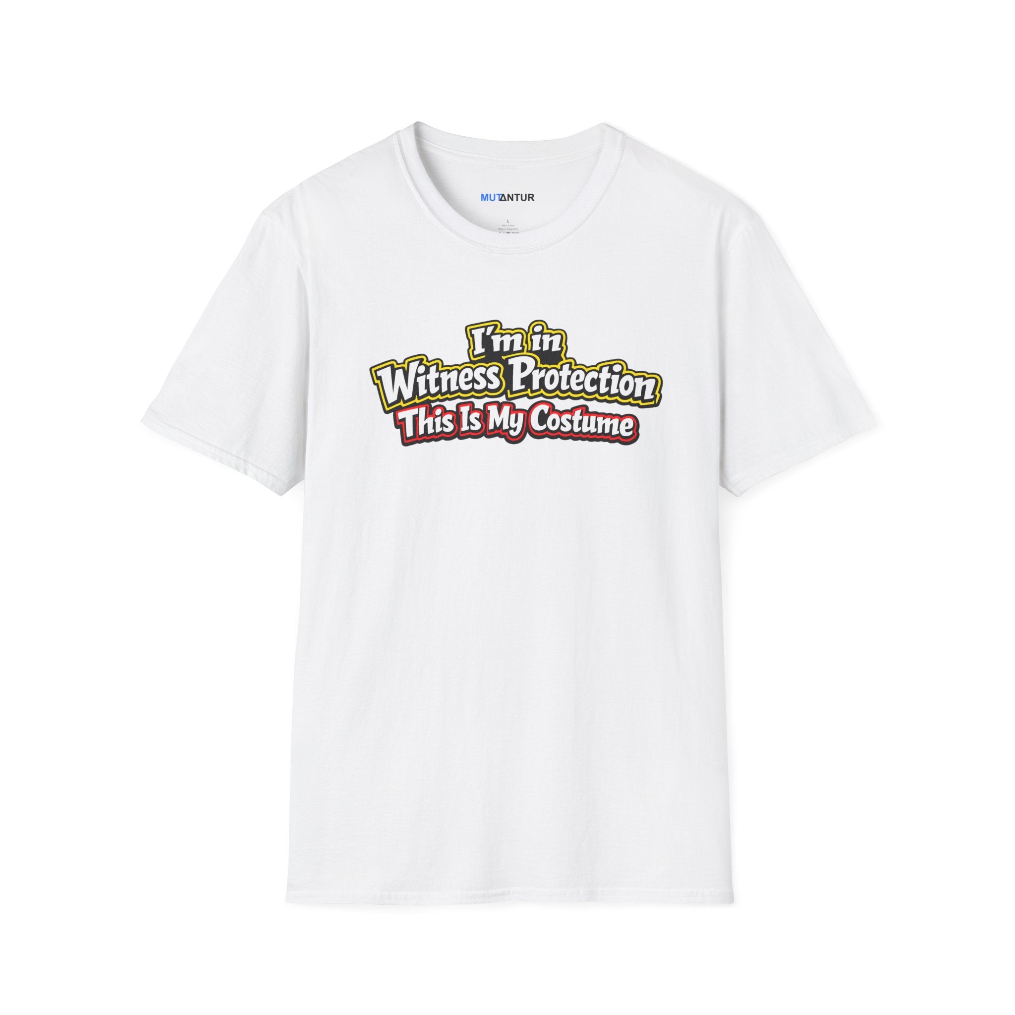 A white short-sleeve crewneck t-shirt featuring a graphic on the chest that reads 'I'm in Witness Protection This Is My Costume' in a stylized, vintage font with green, yellow, and red accents