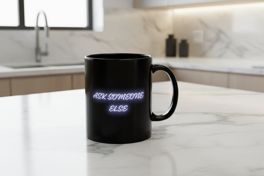 Ask Someone Else Neon Text Black Coffee Mug - Mutantur Labs LLC