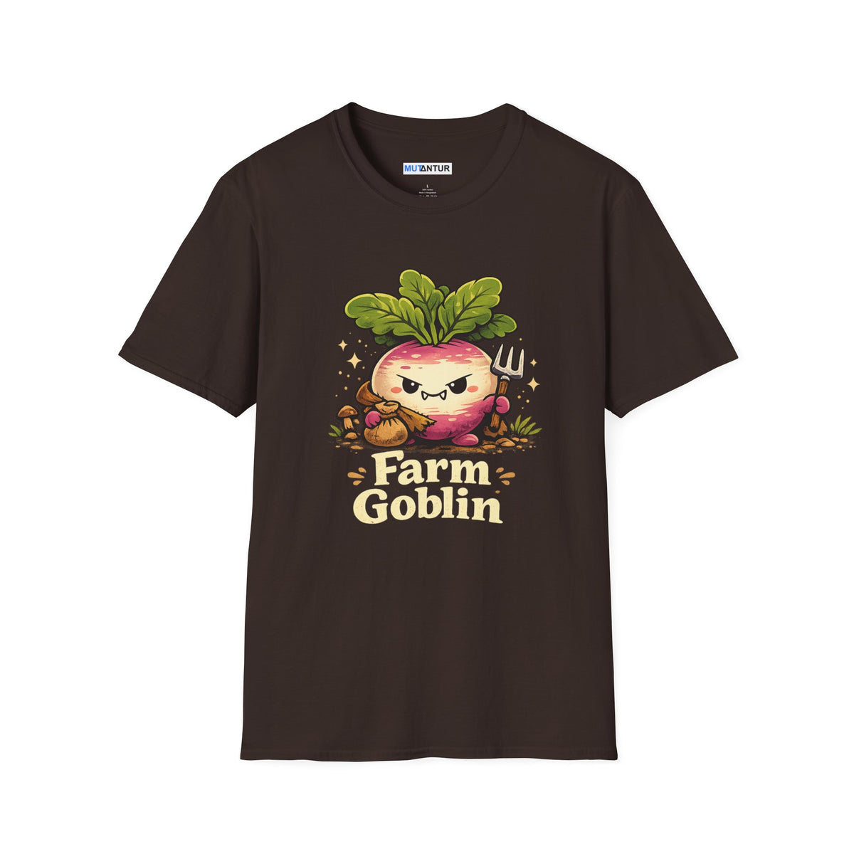 Grumpy Turnip Farm Goblin graphic tee in brown, front view flat mockup