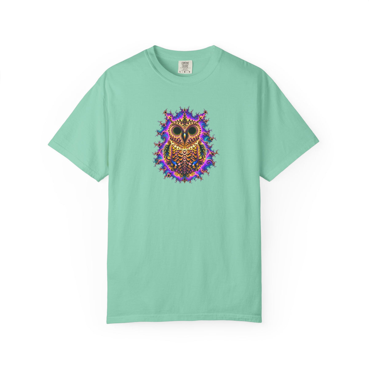 A mint green short-sleeve crewneck t-shirt featuring a colorful, psychedelic owl graphic printed on the center chest, displayed against a solid white background.