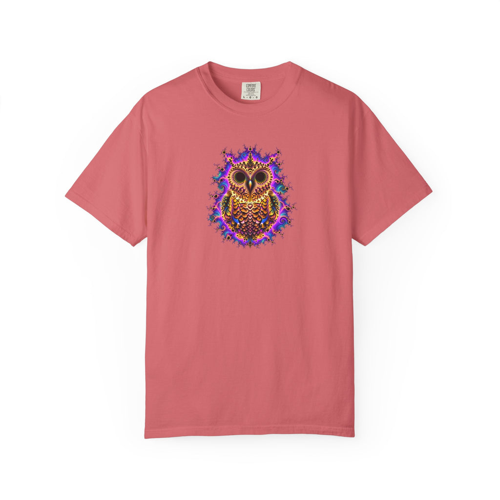 A pink short-sleeve crewneck t-shirt featuring a colorful, intricate owl graphic printed on the center chest, displayed against a solid white background.