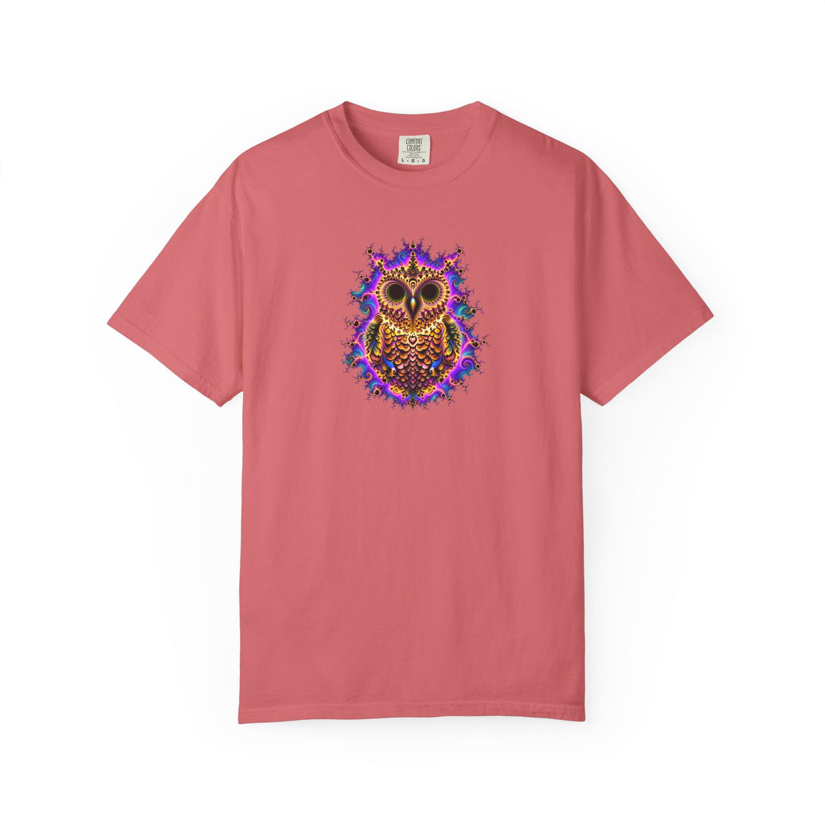 A pink short-sleeve crewneck t-shirt featuring a colorful, intricate owl graphic printed on the center chest, displayed against a solid white background.
