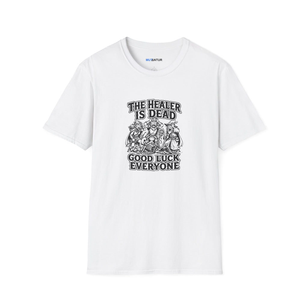 A white short-sleeve crewneck t-shirt with a black graphic print on the front. The graphic features the text 'THE HEALER IS DEAD' and 'GOOD LUCK EVERYONE' surrounding an illustration of three figures.