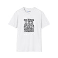 A white short-sleeve crewneck t-shirt with a black graphic print on the front. The graphic features the text 'THE HEALER IS DEAD' and 'GOOD LUCK EVERYONE' surrounding an illustration of three figures.