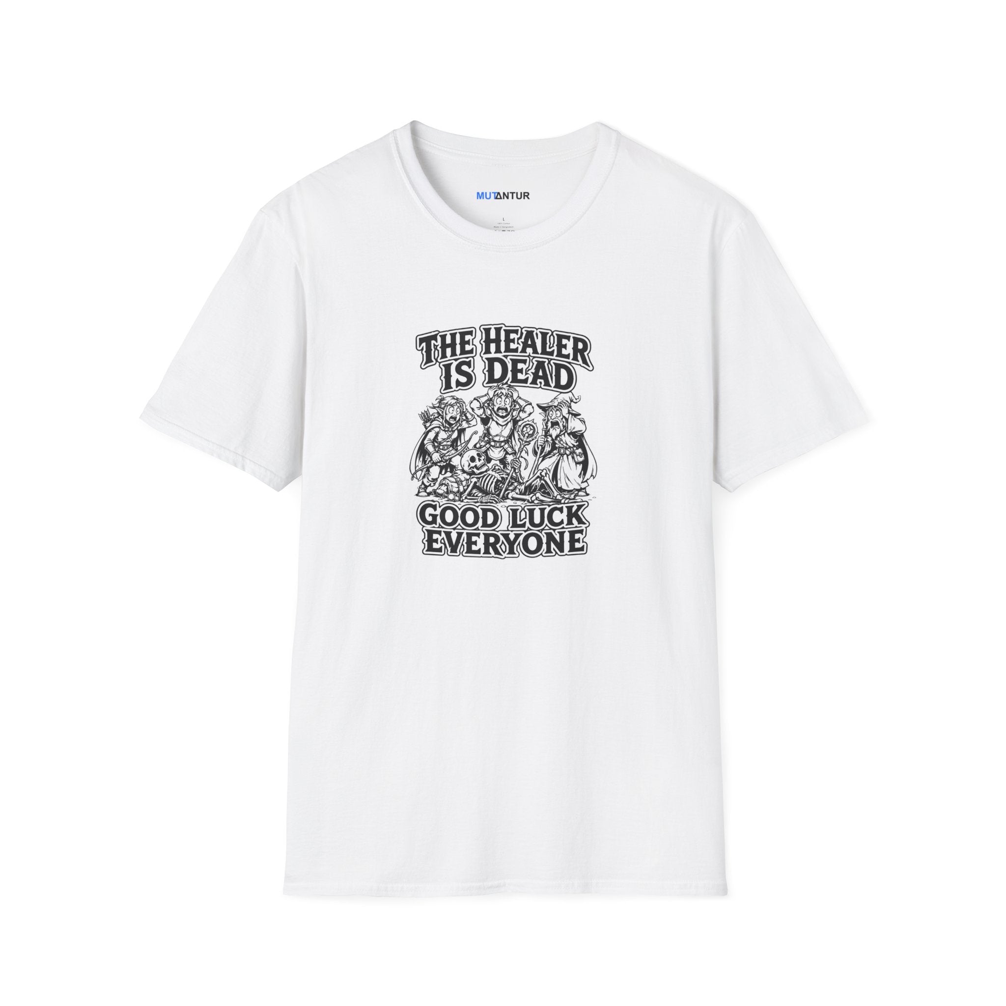 A white short-sleeve crewneck t-shirt with a black graphic print on the front. The graphic features the text 'THE HEALER IS DEAD' and 'GOOD LUCK EVERYONE' surrounding an illustration of three figures.