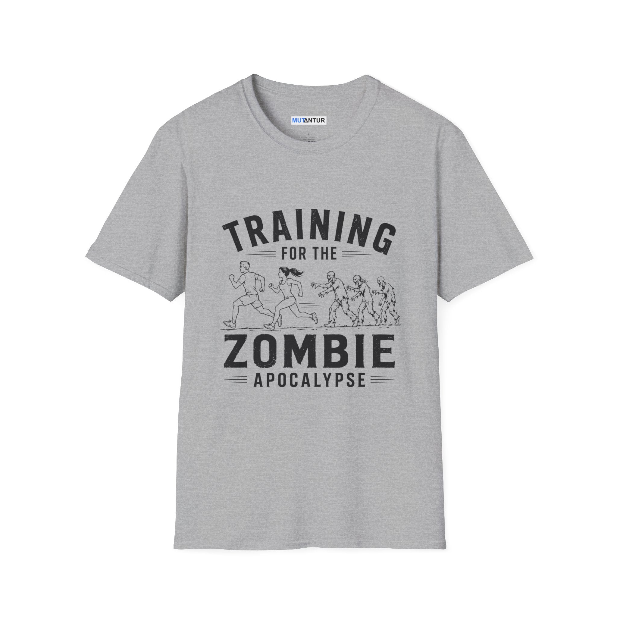 Grey short sleeved t shirt with the words Training for the zombie apocalypse with a funny line drawing of runners escaping zombies