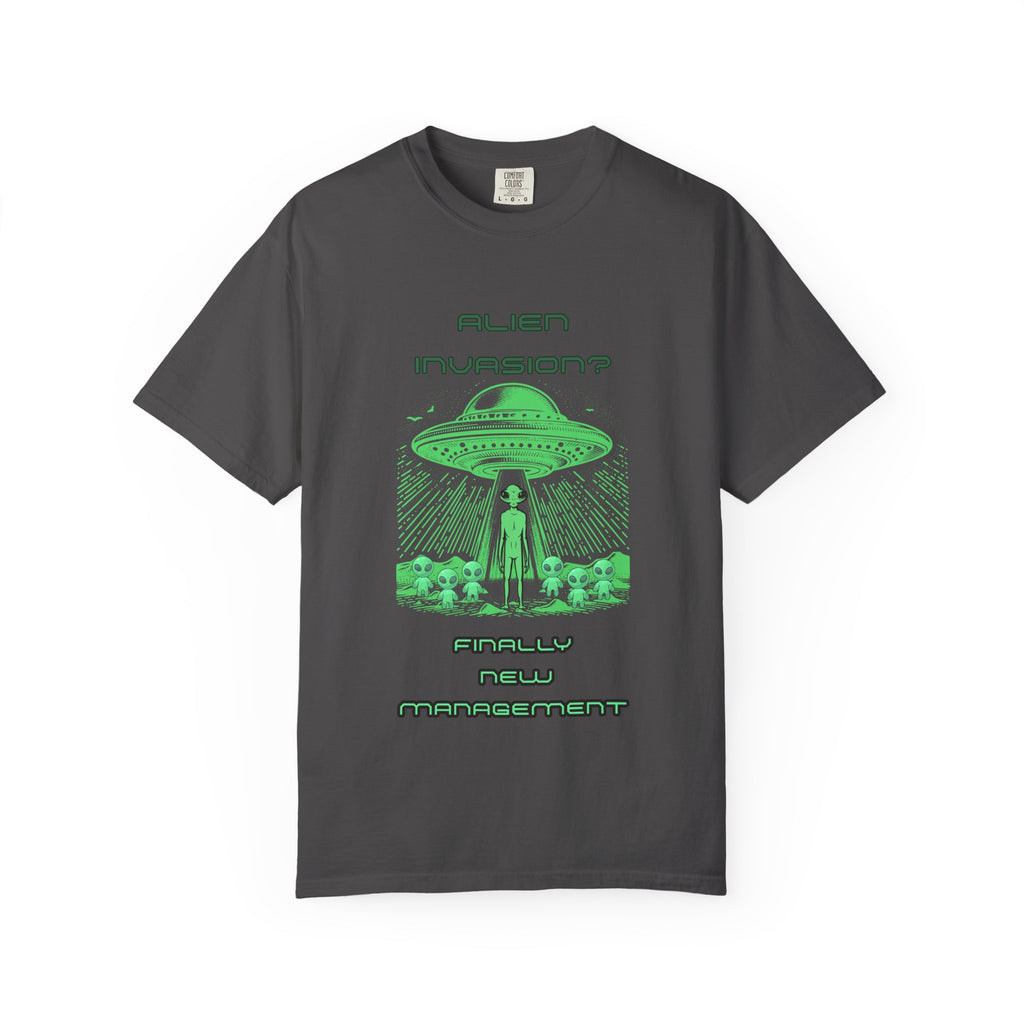 Alien Invasion: Finally New Management T-Shirt | Funny Alien Graphic Tee - Mutantur Labs LLC