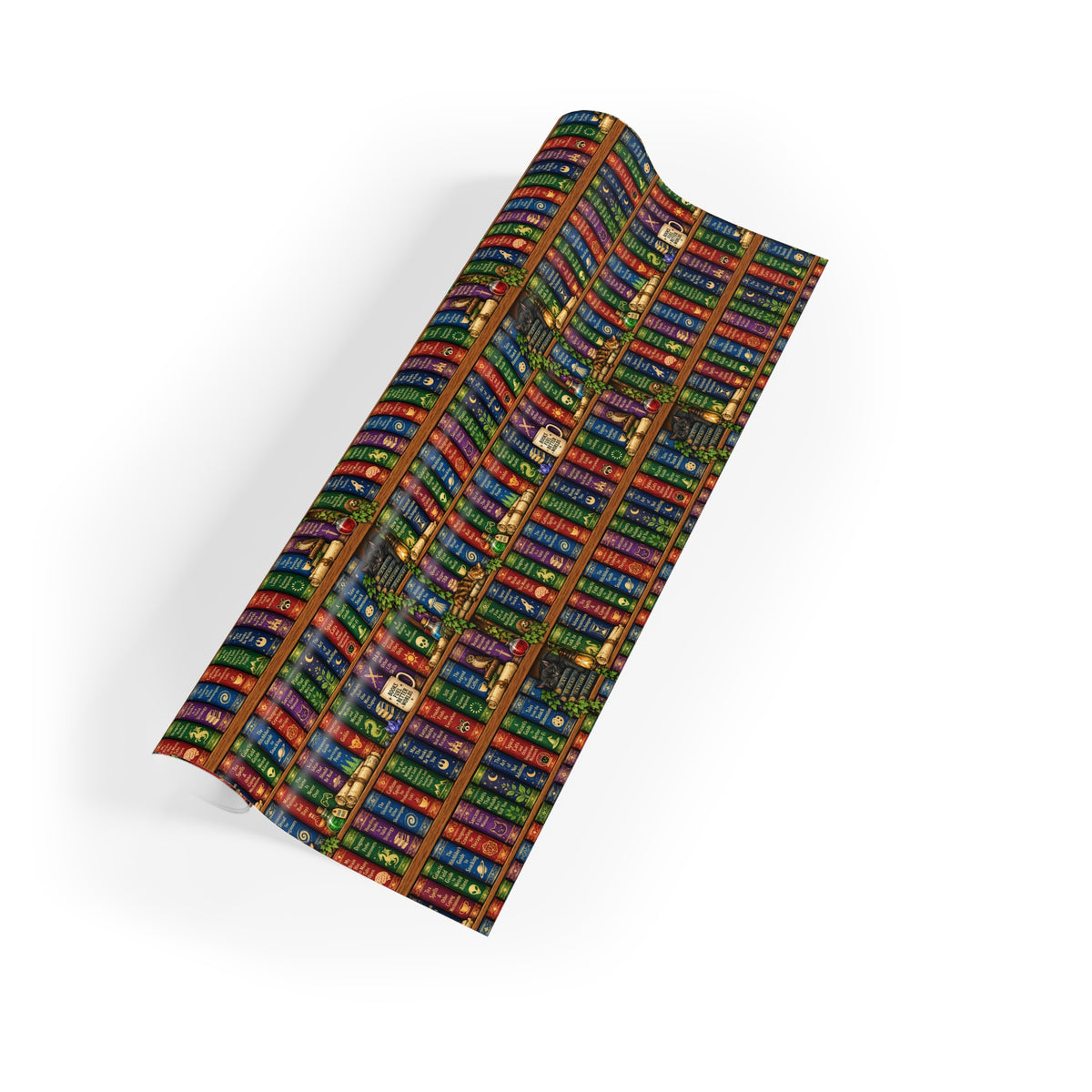 A partially opened roll of wrapping paper featuring a repeating pattern of multi colored fantasy and sci fi books with white graphic details, shown on a clean white background.