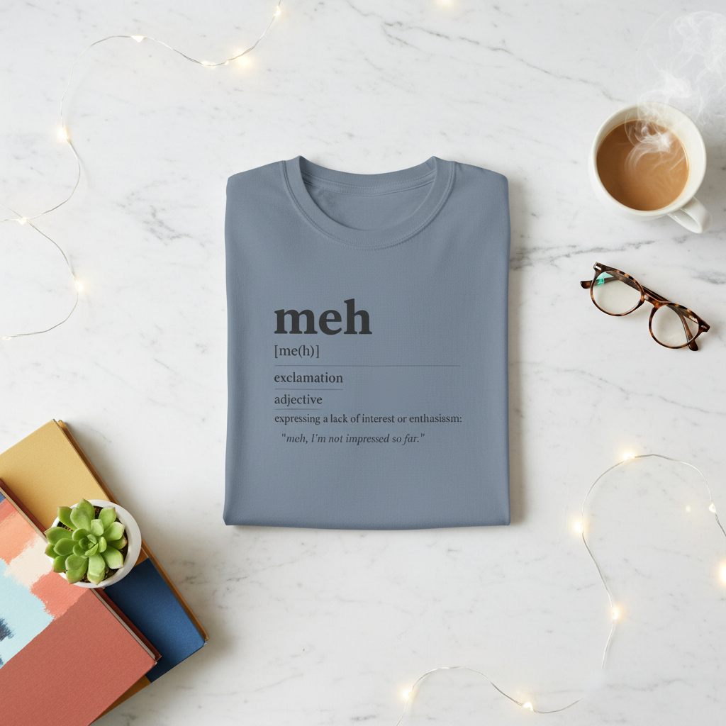 Blue-grey t-shirt with 'Meh' dictionary-definition graphic, folded and styled with coffee and glasses