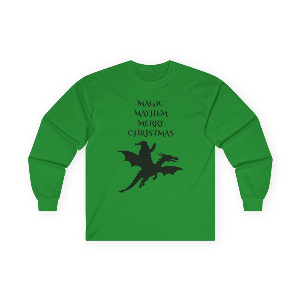 Magic Mayhem Merry Christmas Long Sleeve | Santa Dragon Silhouette Holiday Shirt
