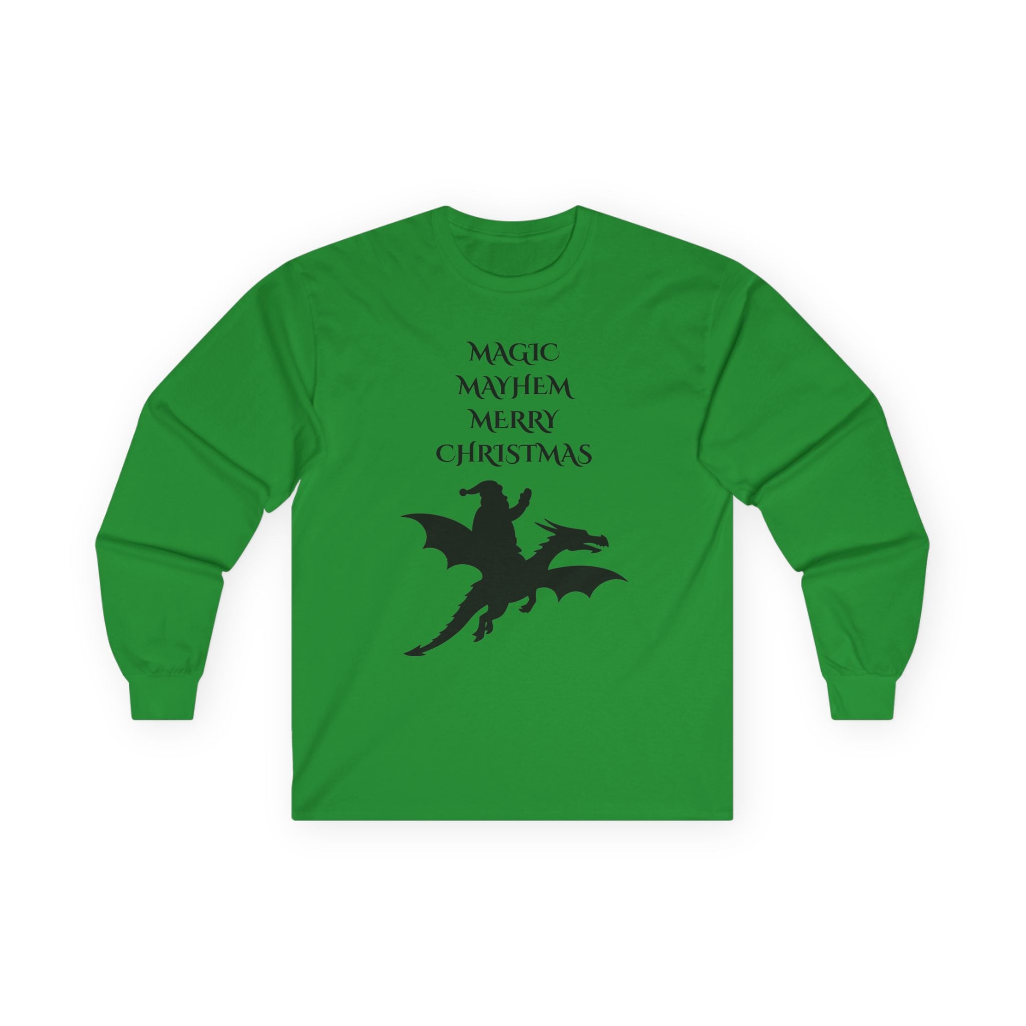 Magic Mayhem Merry Christmas Long Sleeve | Santa Dragon Silhouette Holiday Shirt