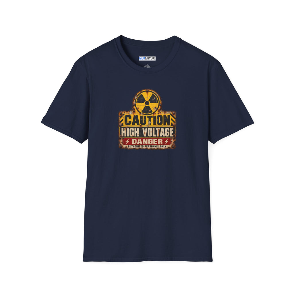  a navy blue short sleeved  crewneck t shirt with a yellow, black, and CAUTION HIGH VOLTAGE sign design with the word DANGER below against a white background