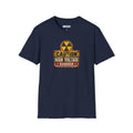  a navy blue short sleeved  crewneck t shirt with a yellow, black, and CAUTION HIGH VOLTAGE sign design with the word DANGER below against a white background