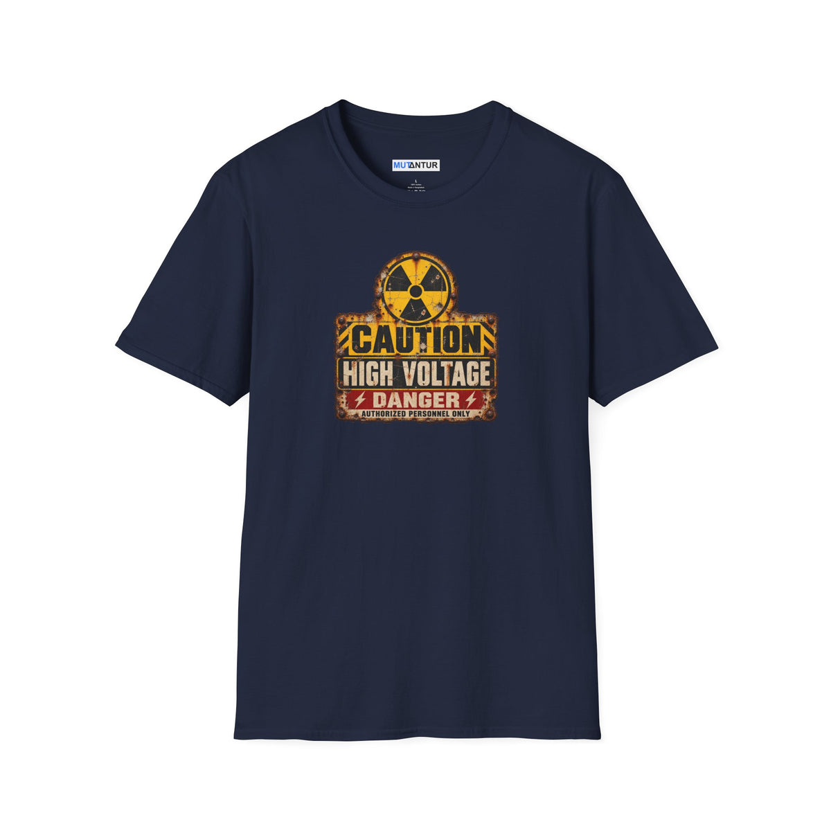  a navy blue short sleeved  crewneck t shirt with a yellow, black, and CAUTION HIGH VOLTAGE sign design with the word DANGER below against a white background