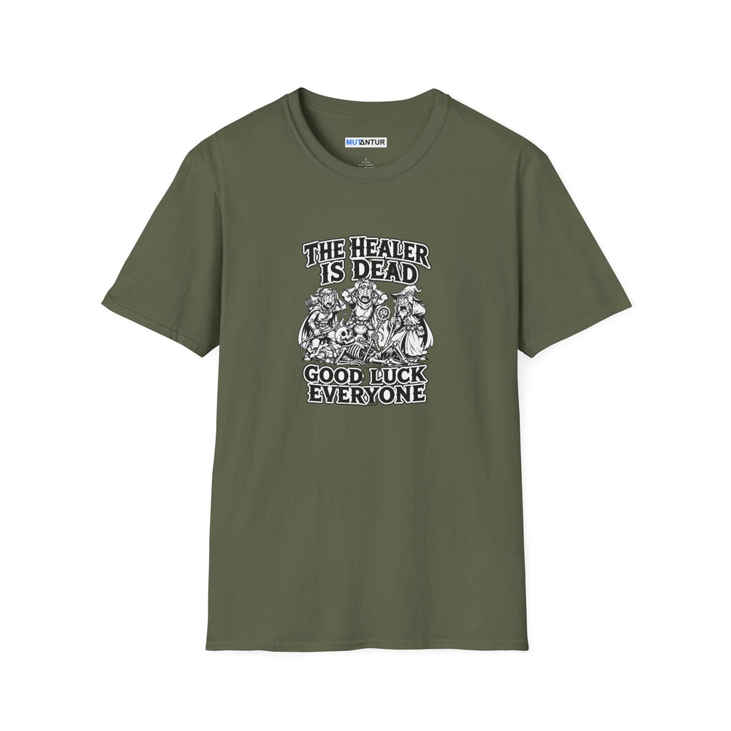 Dark Green  short-sleeve crewneck t-shirt with a black  and white graphic print on the front. The graphic features the text 'THE HEALER IS DEAD' and 'GOOD LUCK EVERYONE' surrounding an illustration of three figures and a skeleton