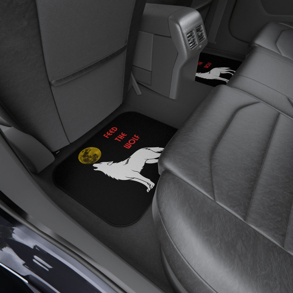 Howling White Wolf with Moon car mats | Feed the Wolf floor mats (set of 4) - Mutantur Labs LLC