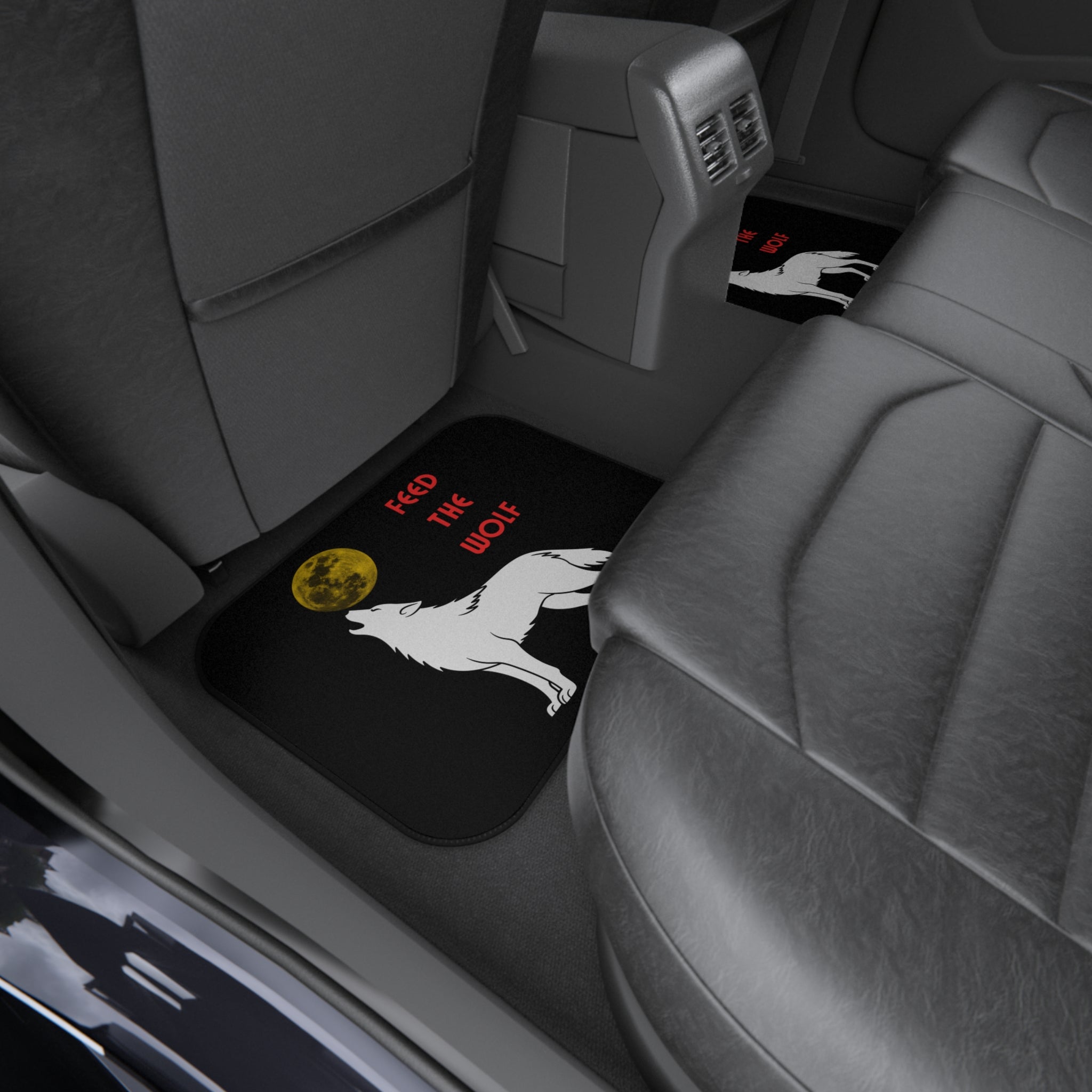 Howling White Wolf with Moon car mats | Feed the Wolf floor mats (set of 4) - Mutantur Labs LLC