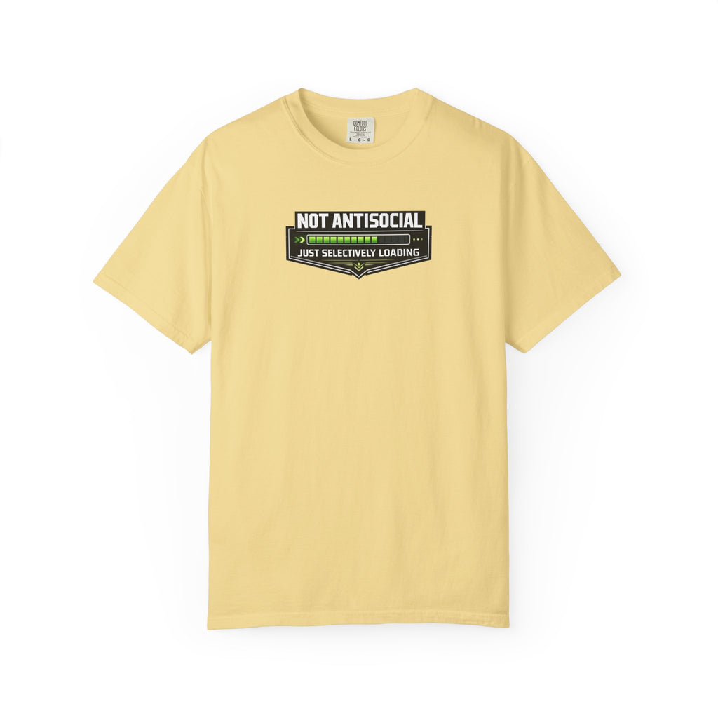A yellow short-sleeve crewneck t-shirt in khaki beige, featuring a graphic on the chest that reads 'NOT ANTISOCIAL' above a progress bar with green checkmarks and the text 'JUST SELECTIVELY LEARNING' below,