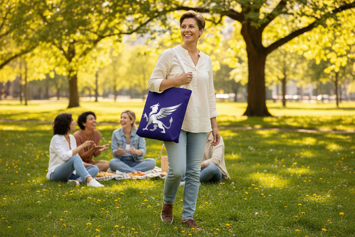Griffin Tote Bag, blue Mythical Crest Bag, Fantasy Mythology Market Tote - Mutantur Labs LLC