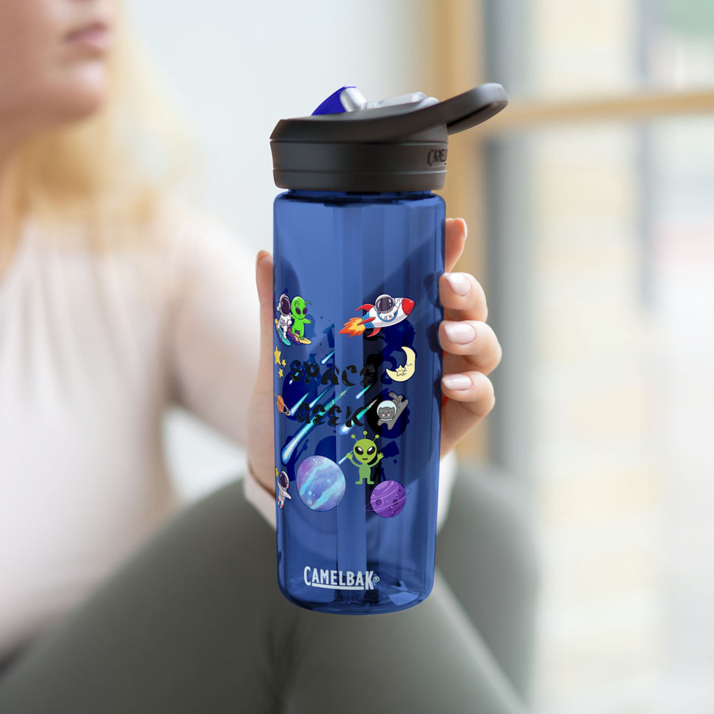 Space Geek Water Bottle — Blue CamelBak Eddy 20oz with Cute Alien & Rocket Design