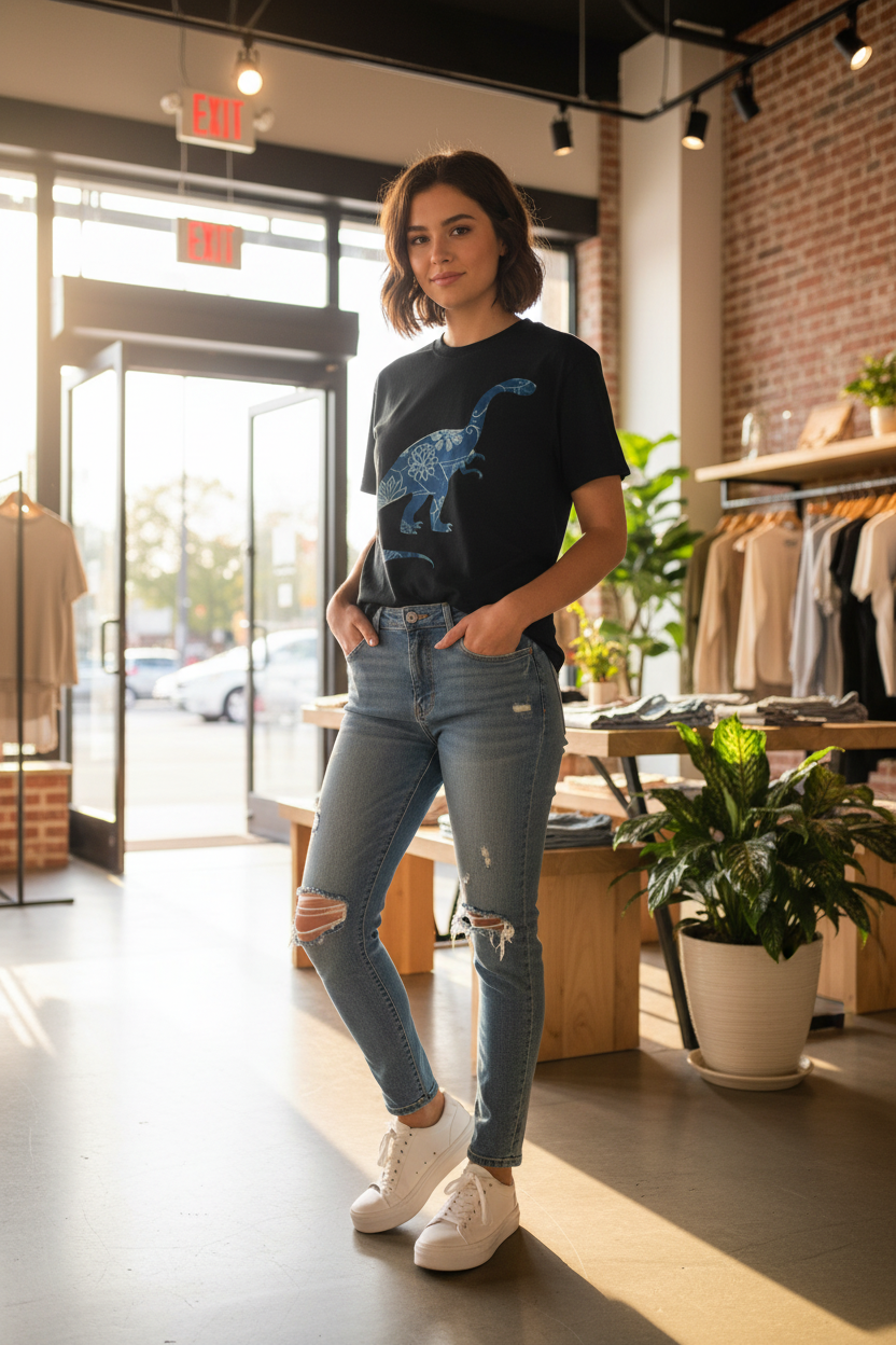 Blue Floral Dinosaur T-Shirt | Chinoiserie Brontosaurus Graphic Comfort Colors Tee