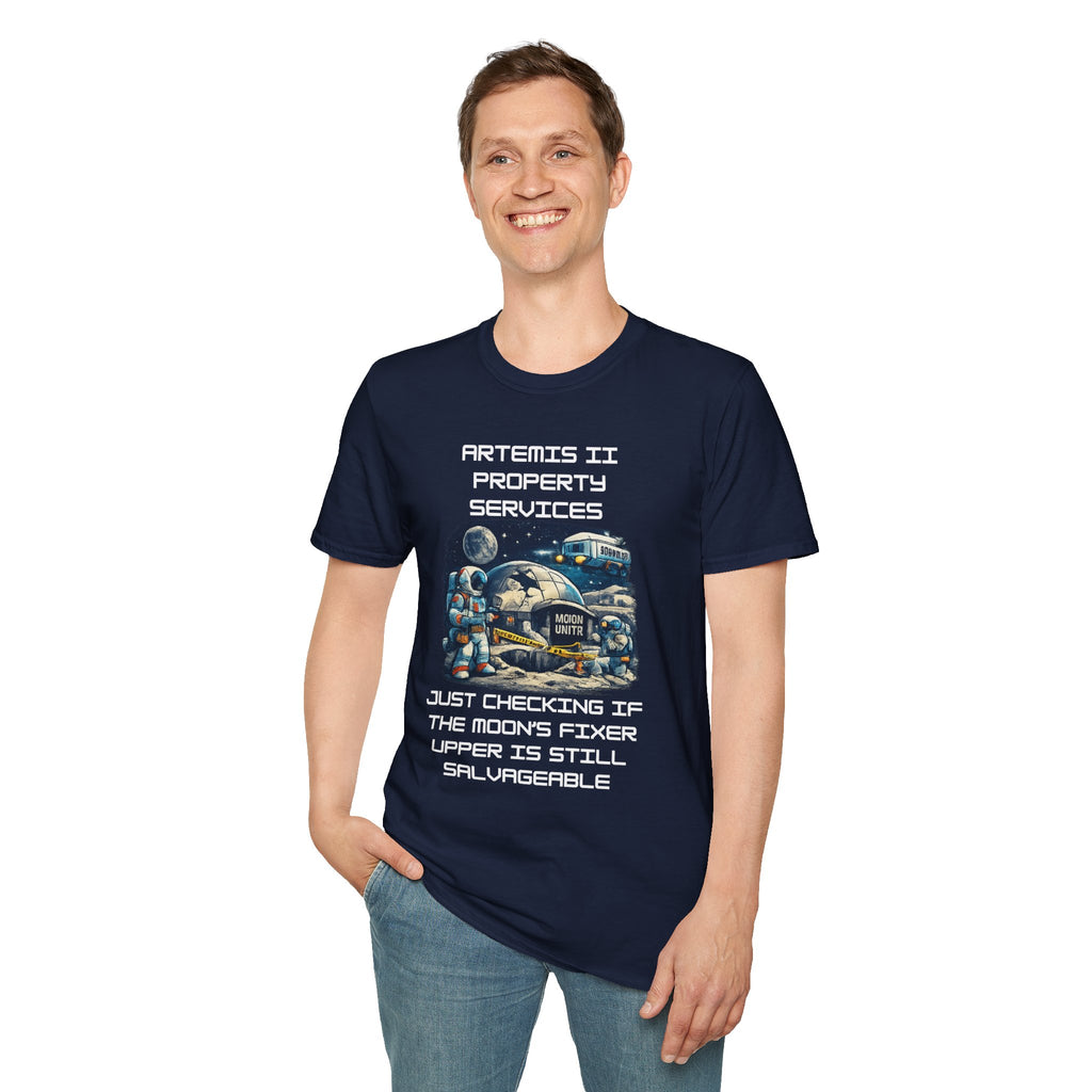 Moonbase Property Services T-Shirt — 'Artemis II Property Services' Space Repair Crew funny Tee - Mutantur Labs LLC
