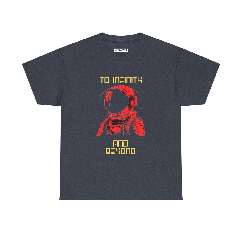 To Infinity and Beyond retro astronaut graphic tee in heather navy, front view flat mockup