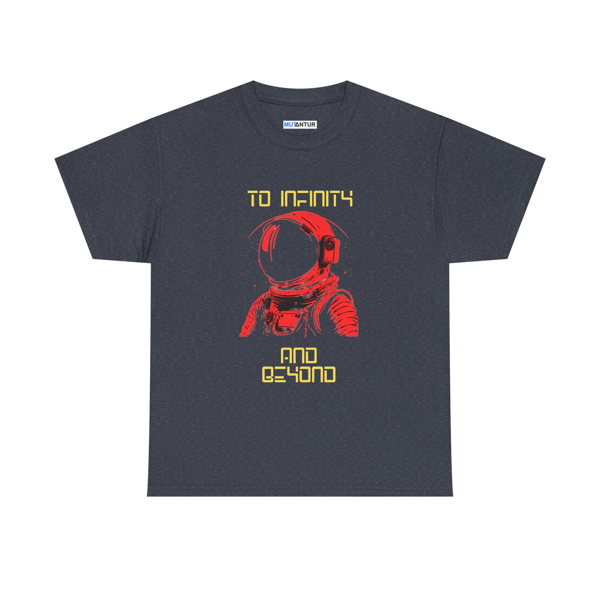 To Infinity and Beyond retro astronaut graphic tee in heather navy, front view flat mockup