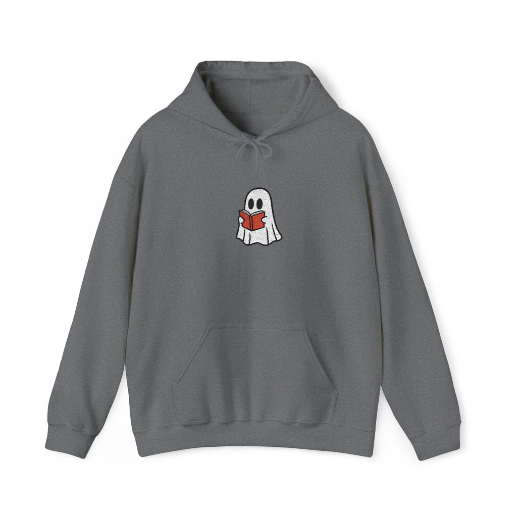 A gray hoodie with a cartoon ghost holding a red book against a white background