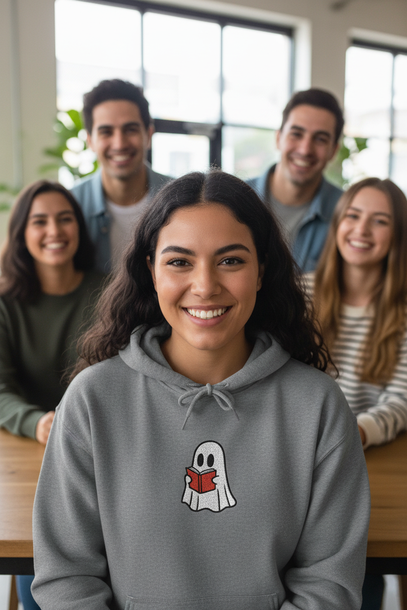 A smiling young woman in the foreground wears a gray hoodie with a small ghost graphic holding a red book. Four classmates are visible in a bright, modern classroom or lounge setting behind her.
