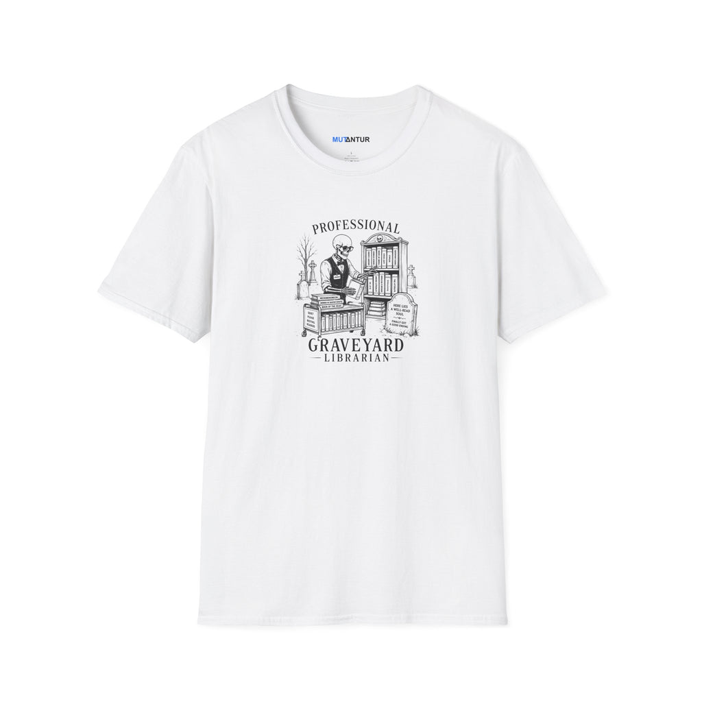 white short sleeved t shirt with a skeleton  graphic with the words Professional Graveyard Librarian